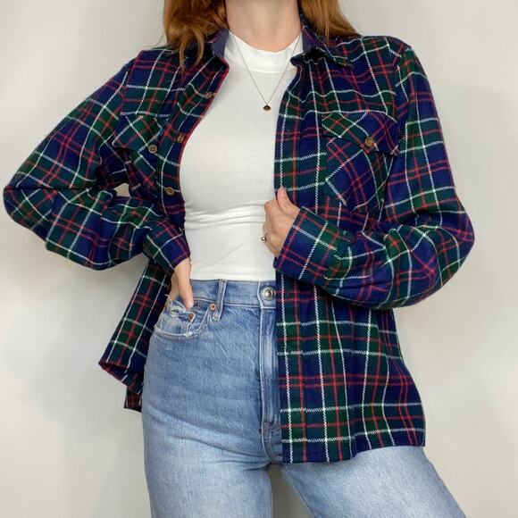 Vintage Woodland Large Navy Heavy Plaid Flannel Shirt Jacket Button Down Shirt - Picture 1 of 14